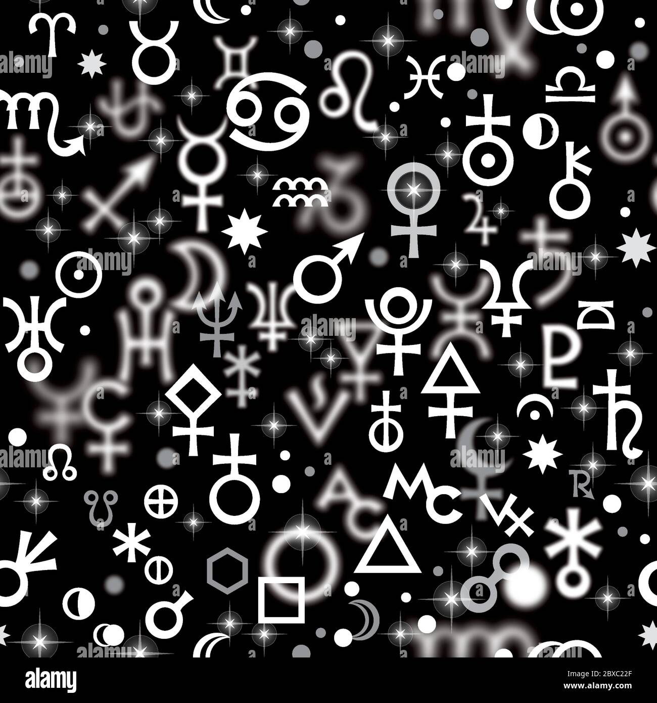 Astrological hieroglyphic signs, Mystic kabbalistic symbols. Chaotic seamless pattern. Stock Vector