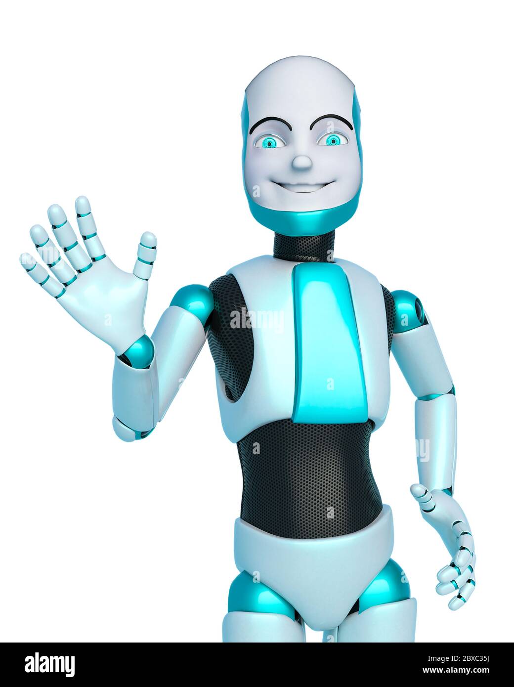 robot boy cartoon saying hello. This guy in clipping path is very useful for graphic design creations, 3d illustration Stock Photo