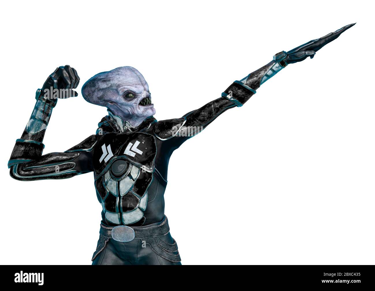 official alien on a sci-fi outfit nice pose in a white background. This ...