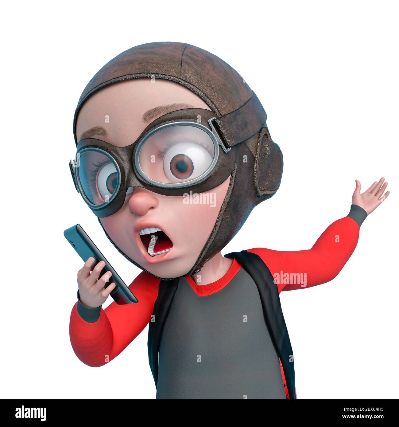 little boy cartoon got a terrifying message on his cellphone. This explorer  guy in clipping path is very useful for graphic design creations, 3d illus  Stock Photo - Alamy