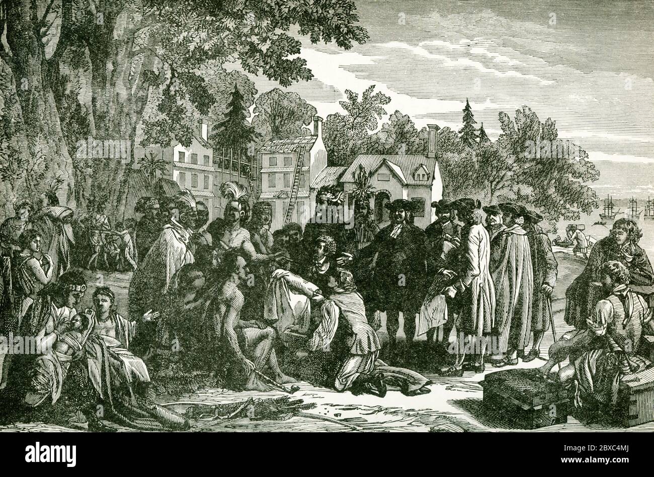 This illustration shows William Penn’s treaty with Indians. William Penn (1644-1718) founded the Province of Pennsylvania, the British North American colony that became the U.S. state of Pennsylvania. Penn made a treaty with the Indians (seen here) at Shackamaxon (near Kensington in Philadelphia) under an elm tree. Penn chose to acquire lands for his colony through business rather than conquest. He paid the Indians 1200 pounds for their land under the treaty, an amount considered fair. Stock Photo