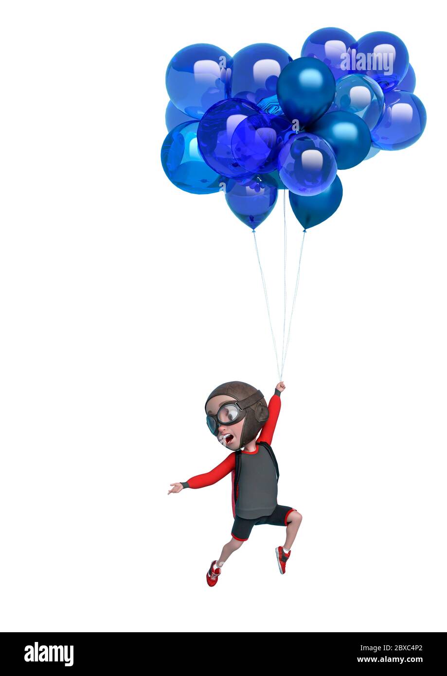 little boy cartoon on floating balloon in a white background. This explorer guy in clipping path is very useful for graphic design creations, 3d illus Stock Photo