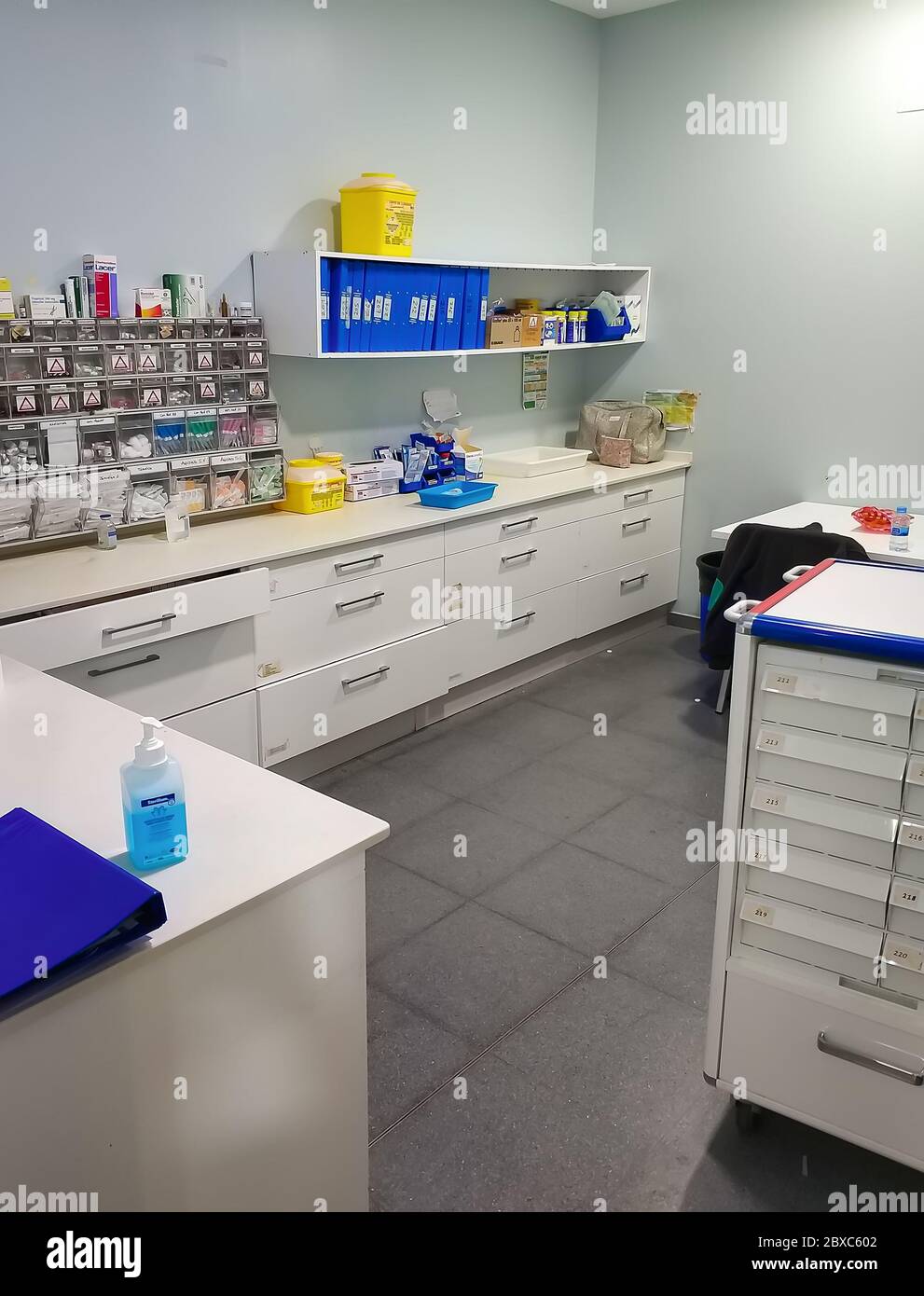 Huelva, Spain - June 6, 2020: Nurses room with medications for the patients inside the hospital Costa de la Luz in Huelva Stock Photo