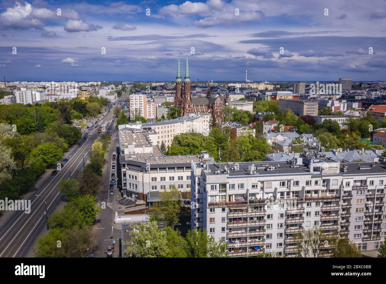 Aerial view in Praga Polnoc district of Warsaw city, Poland with Cathedral of St Michael the Archangel and St Florian the Martyr Stock Photo