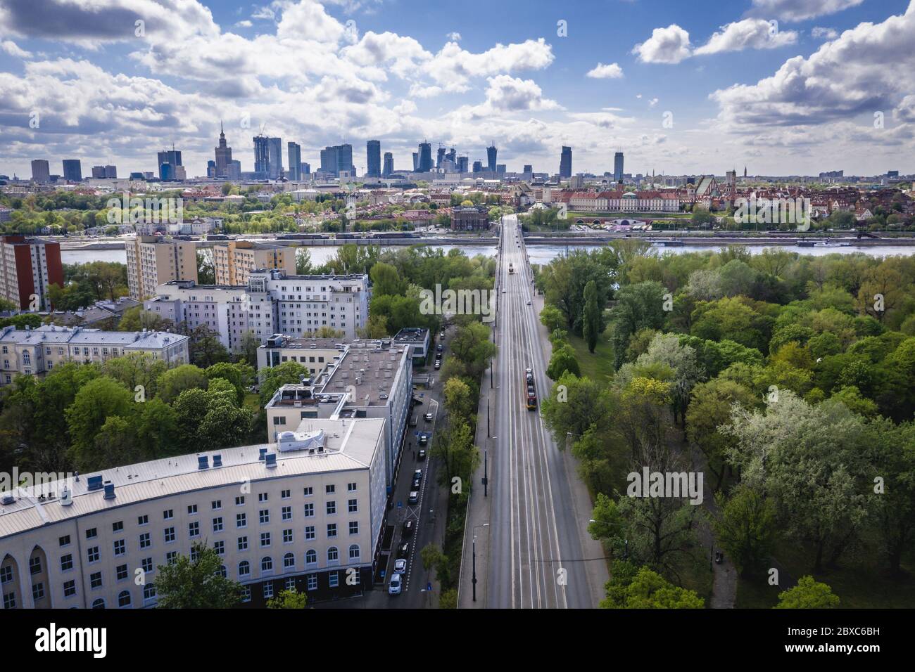 Aerial view in Warsaw, Poland with Solidarnosc Avenue and Praski Hospital Stock Photo