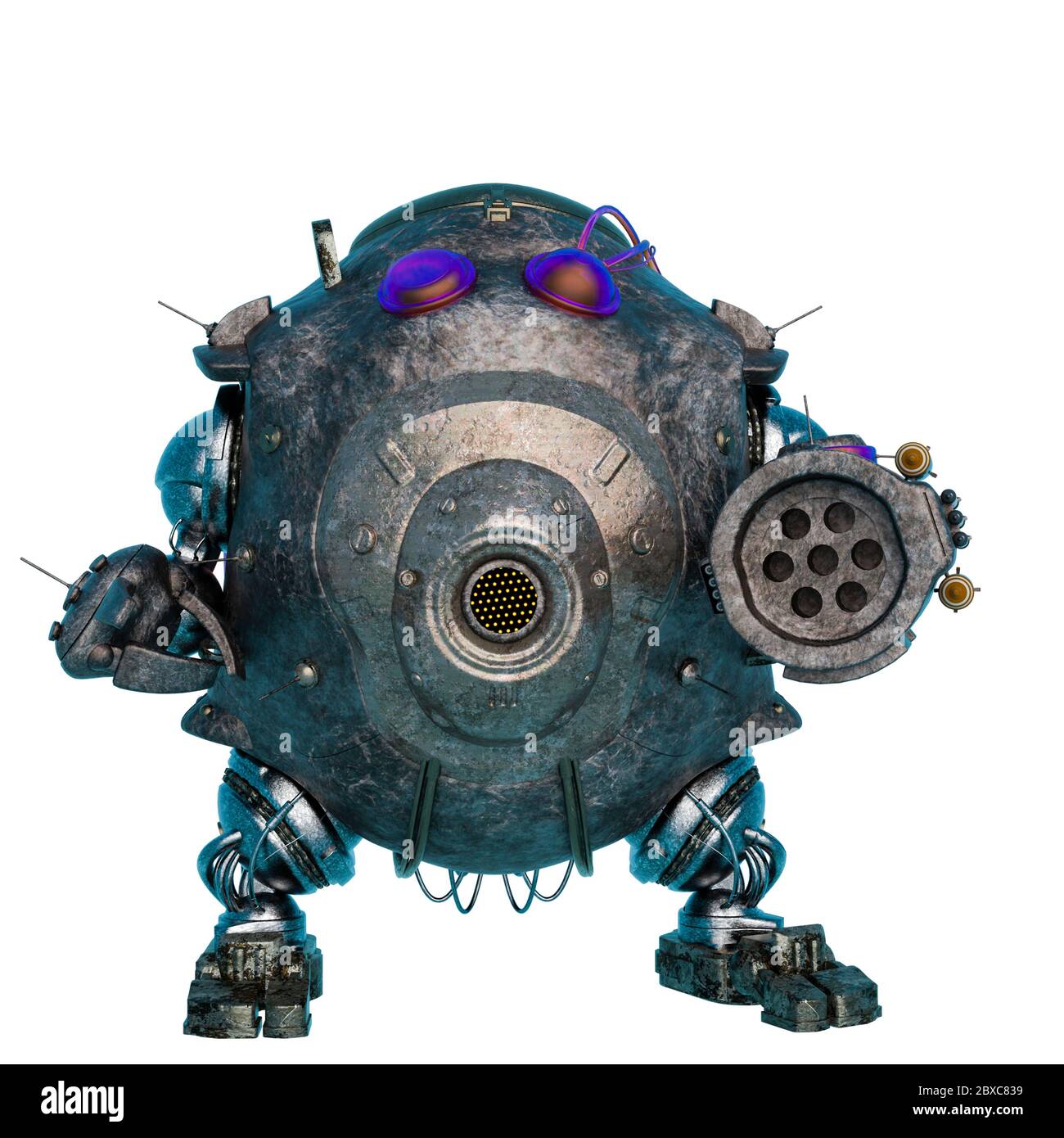 robot ball pointing the gun at you. This cybernetic alien in clipping path is very useful for graphic design creations, 3d illustration Stock Photo