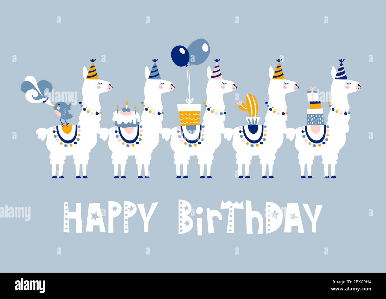 Happy birthday card with cute cartoon llama design Stock Vector Image