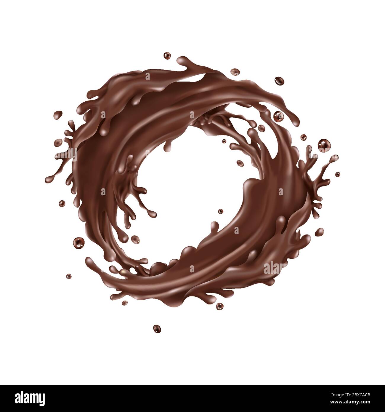 Liquid chocolate splashes circle on a white background Stock Vector