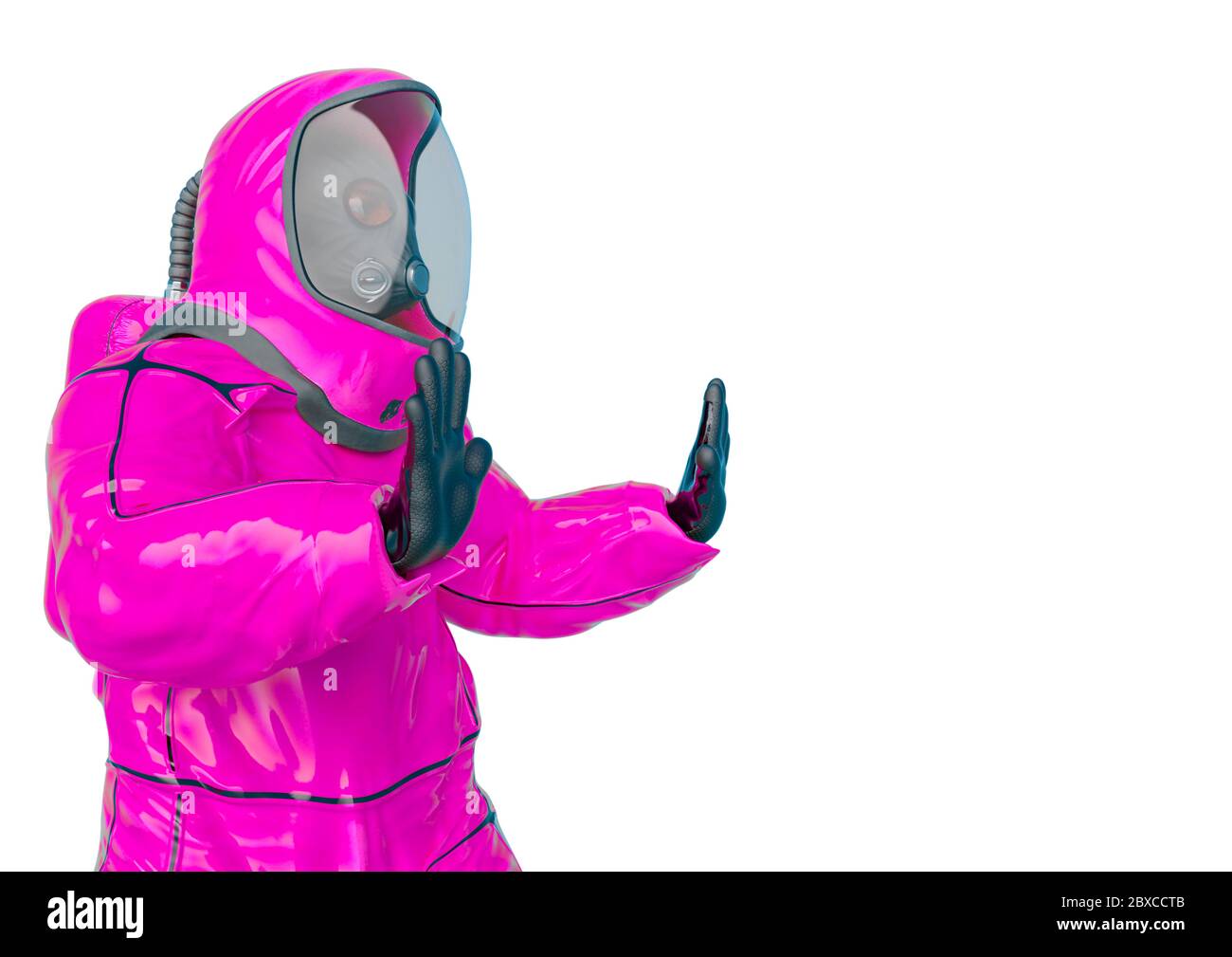 bio hazard man back away in a white background side view. This ...