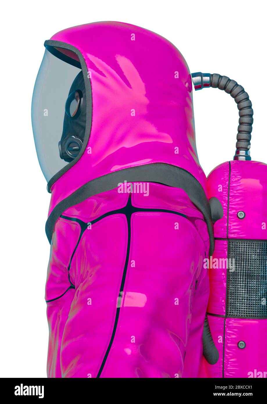 bio hazard man id portrait in a white background side view. This ...