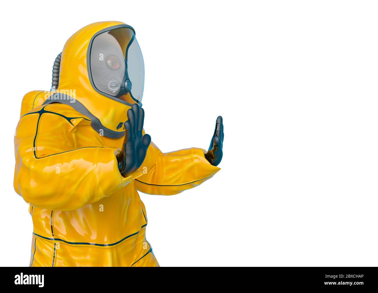 bio hazard man back away in a white background side view. This ...