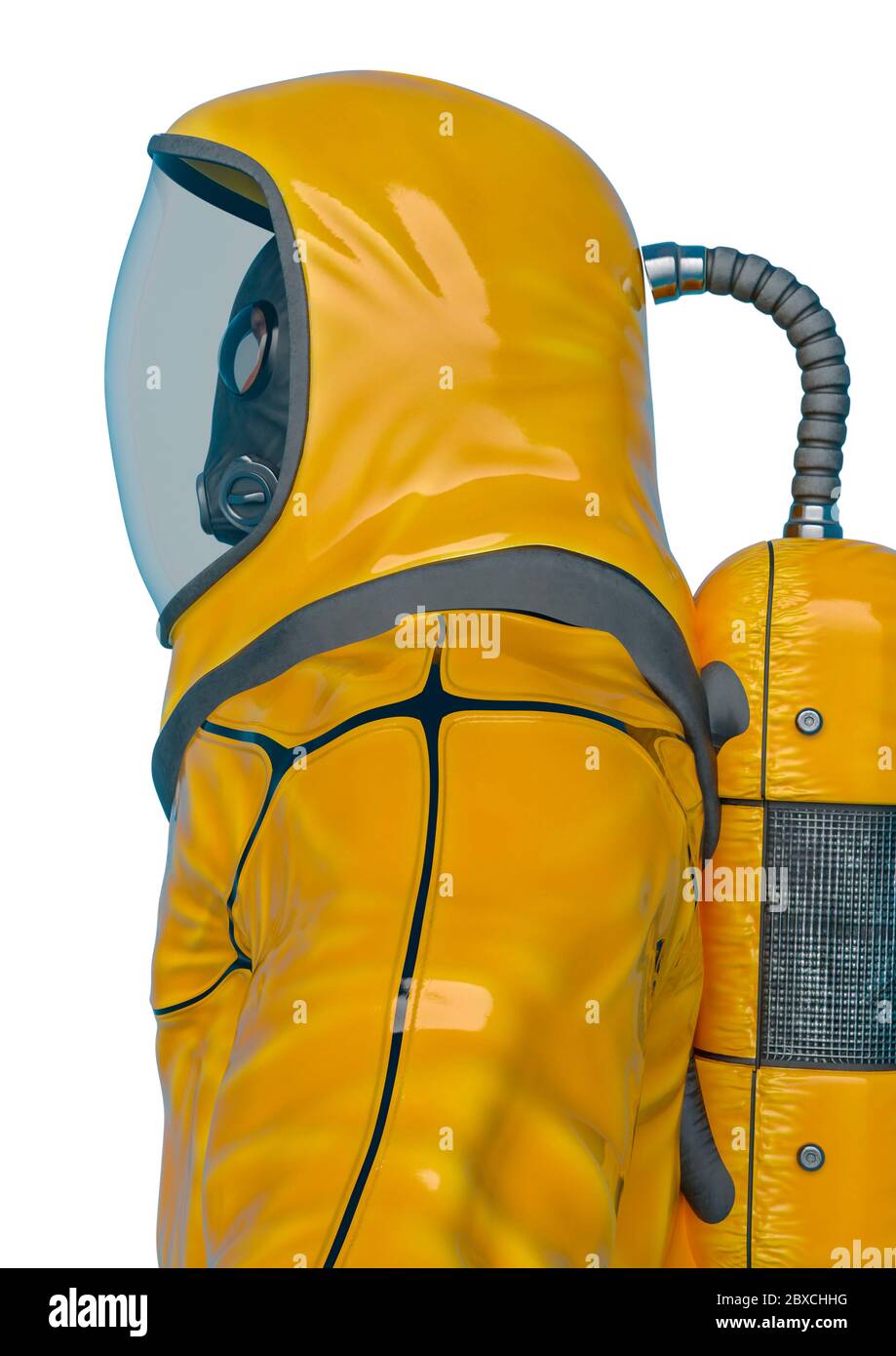 bio hazard man id portrait in a white background side view. This ...