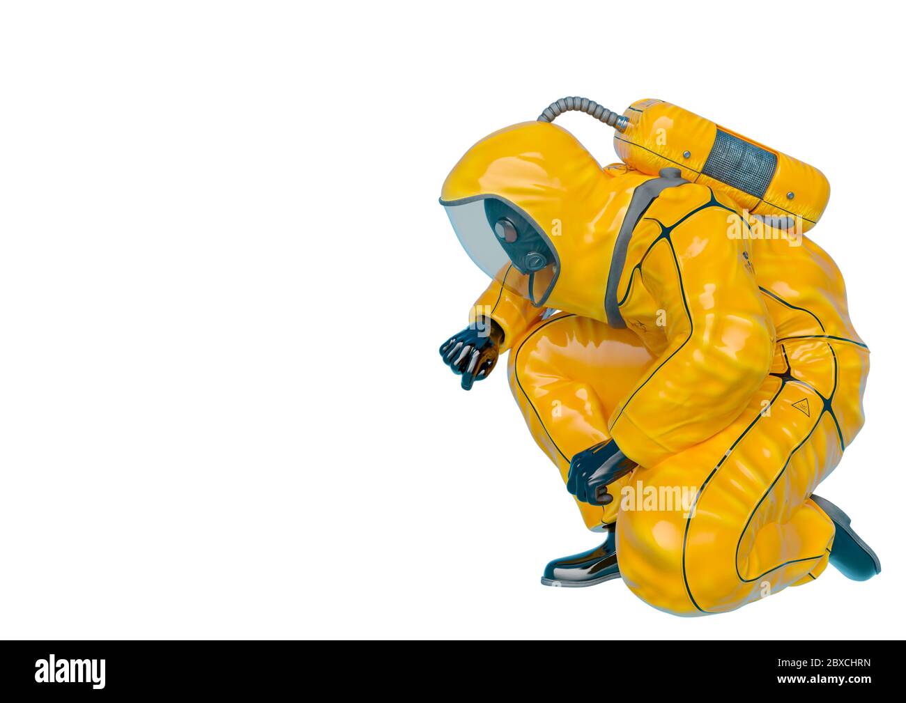 bio hazard man searching in a white background side view. This ...