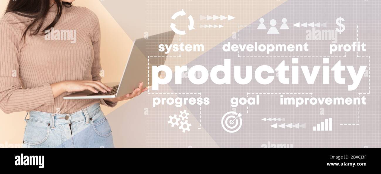 Productivity concept. Unrecognizable girl holding laptop computer, collage with business related words Stock Photo