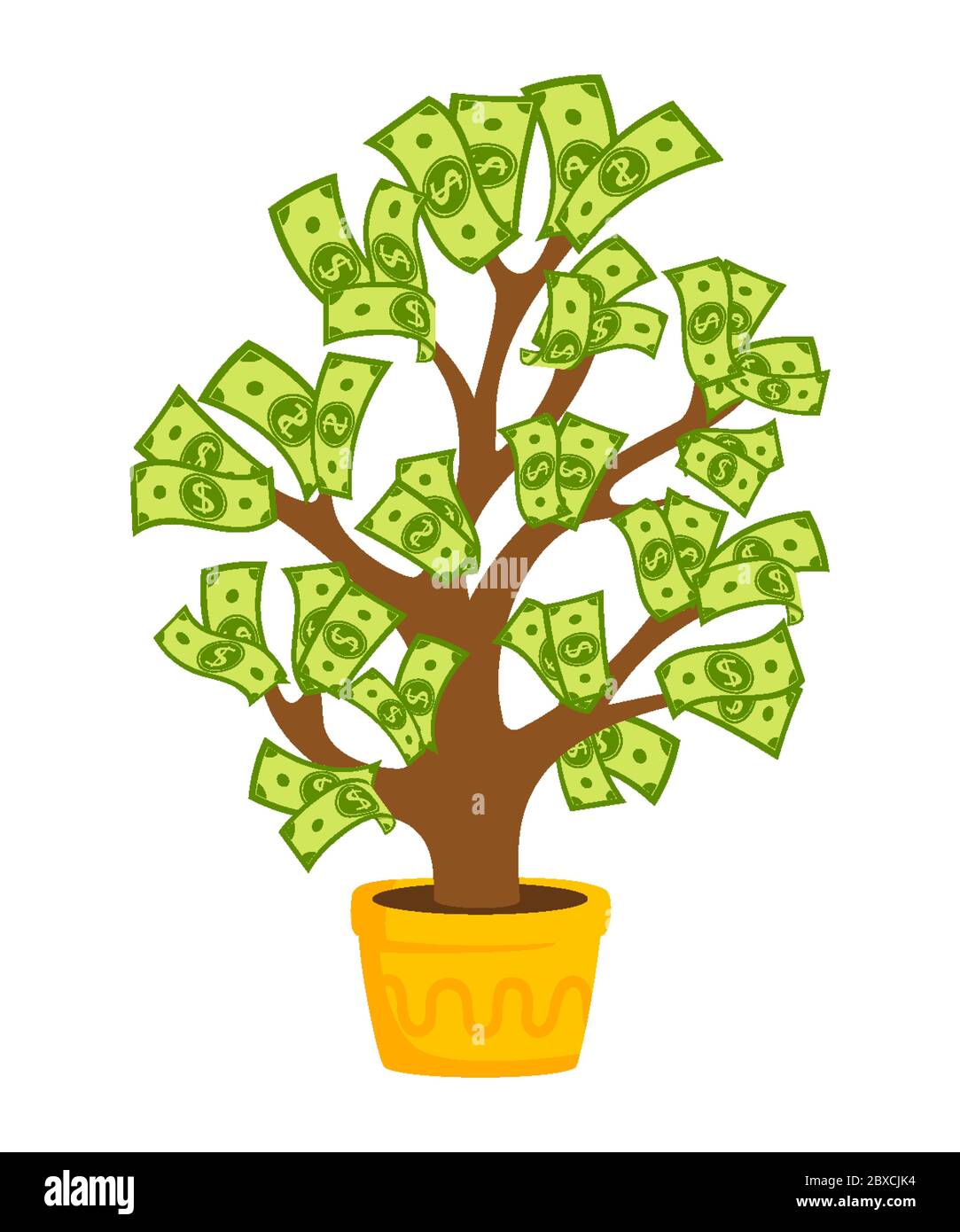 Money tree with banknotes. Flat cartoon potted house plant ceramic. Growing green dollar sprouts rising from pot. Hundreds dollars, paper bills. Isolated vector illustration Stock Vector