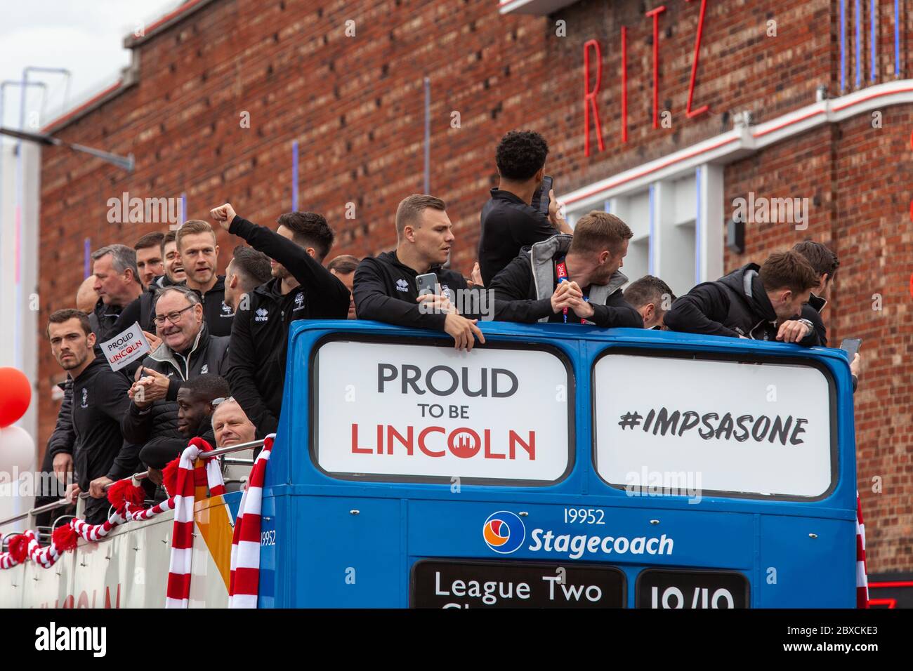 2018/19 Lincoln City Bus tour, promotion bus tour 2019, Imps A One thousands lined the streets, celebration, Imp-ressive Lincoln City., Lincoln FC. Stock Photo