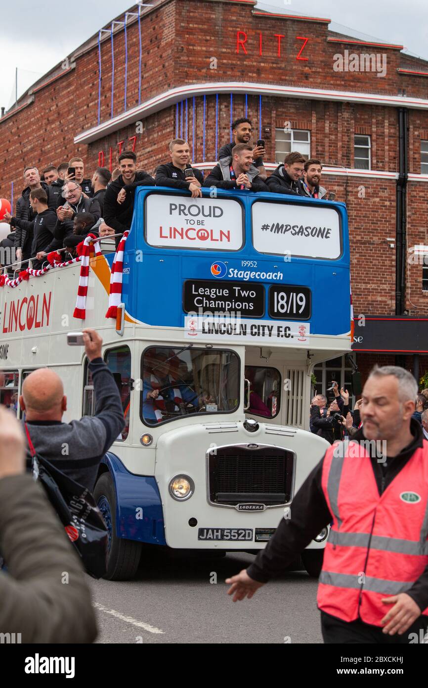 2018/19 Lincoln City Bus tour, promotion bus tour 2019, Imps A One thousands lined the streets, celebration, Imp-ressive Lincoln City., Lincoln FC. Stock Photo