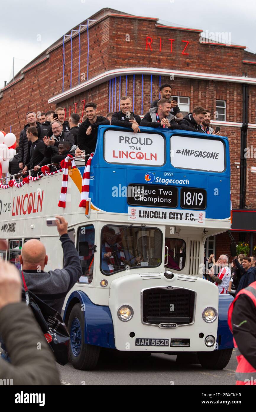 2018/19 Lincoln City Bus tour, promotion bus tour 2019, Imps A One thousands lined the streets, celebration, Imp-ressive Lincoln City., Lincoln FC. Stock Photo