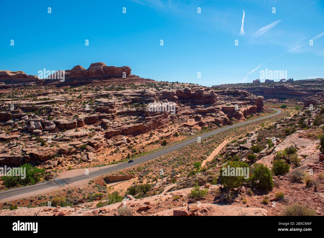 Mesa and Butte landscape and US route 191 in Arches National Park, Moab, Utah, USA. Stock Photo