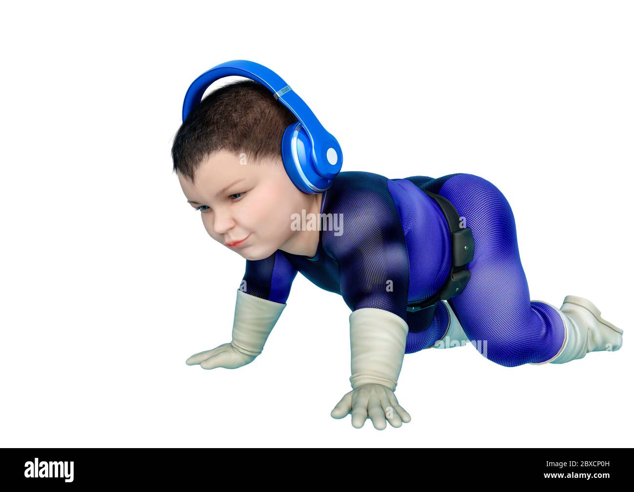super baby is crawling with headphone in white background. This baby in clipping path is very useful for graphic design creations, 3d illustration Stock Photo