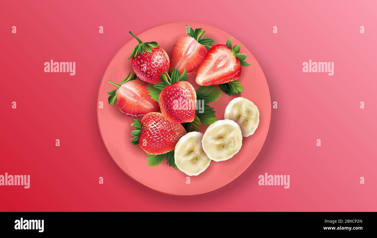 Sliced strawberries and banana on a pink plate. Stock Vector