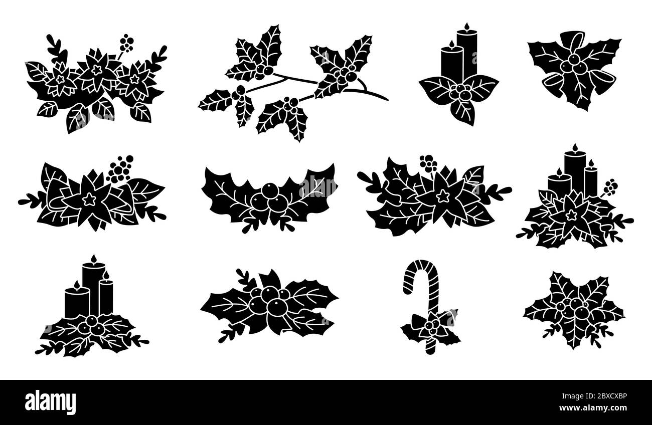 Christmas poinsettia, holly, candle silhouette set. Black glyph flat cartoon design. New year and christmas composition. Berries and candy, flower collection, with stars. Isolated vector illustration Stock Vector