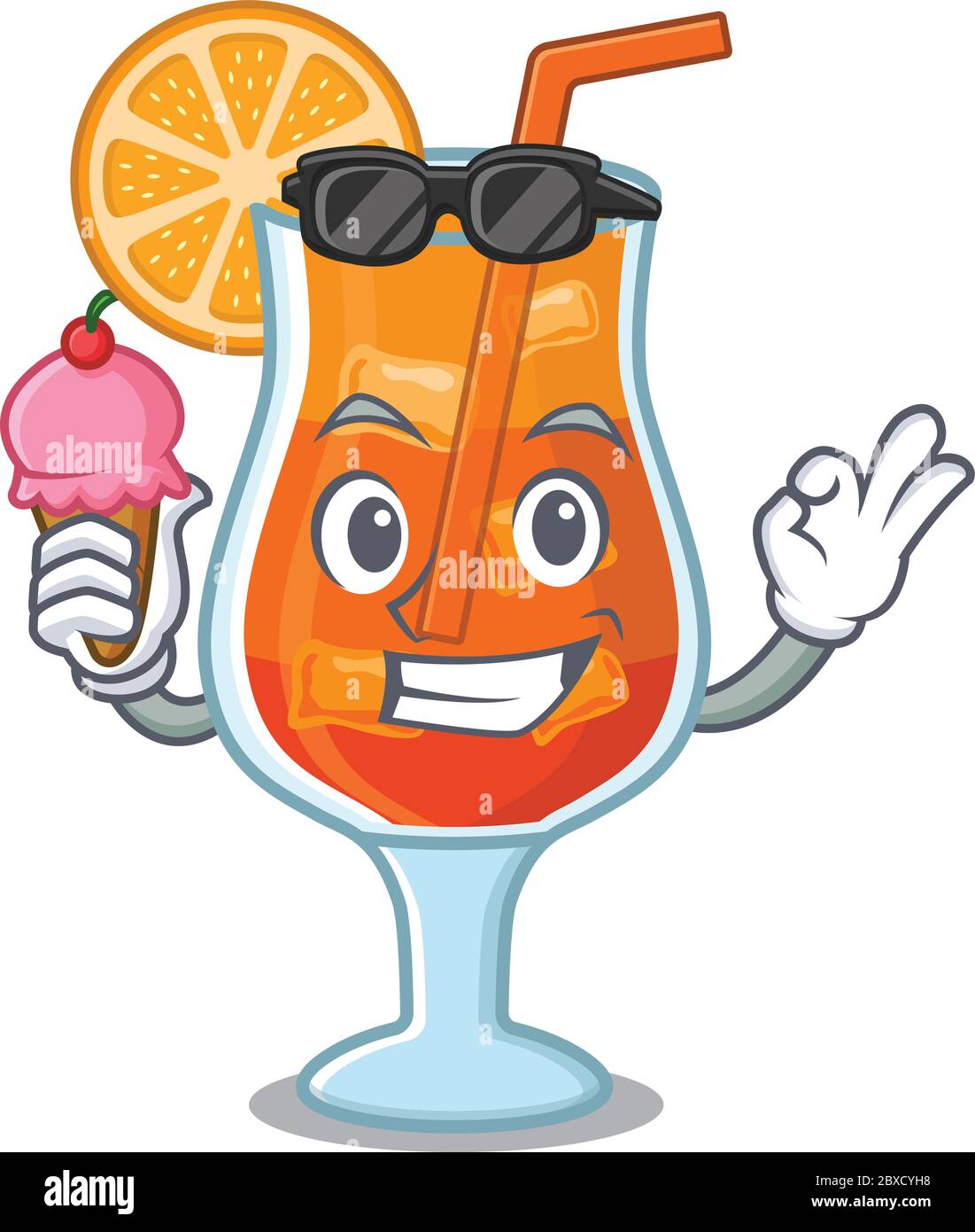 A cartoon drawing of mai tai cocktail holding cone ice cream Stock