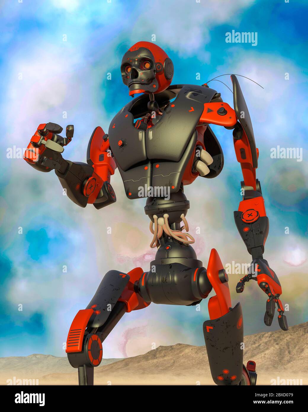 apocalyptic robot cartoon on desert alone on blue desert. This ...