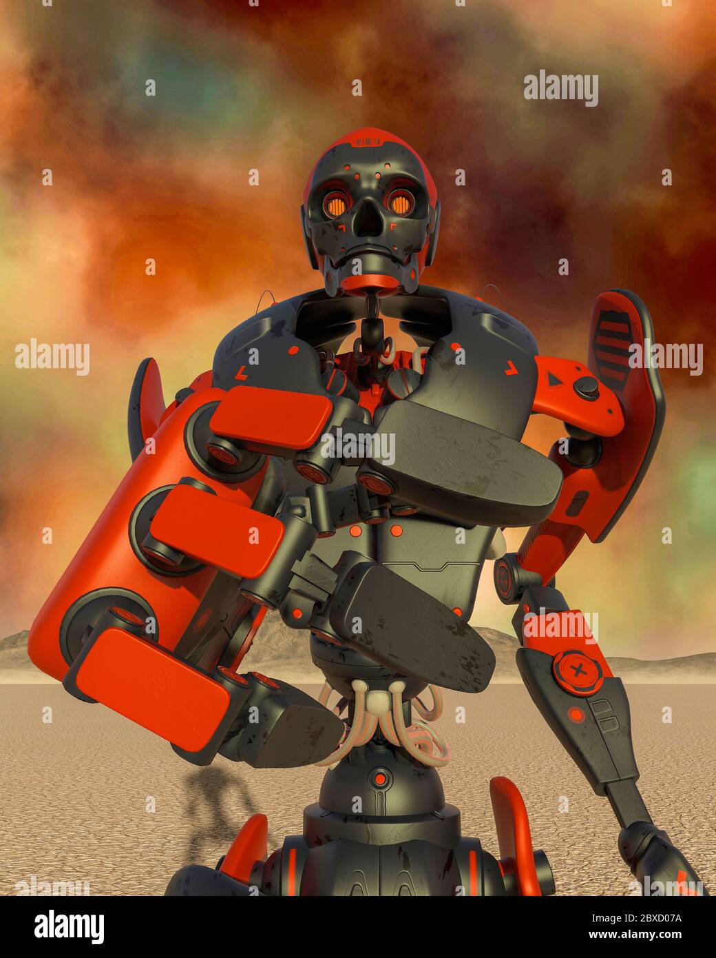 apocalyptic robot cartoon on desert alone is trying to reach you. This ...