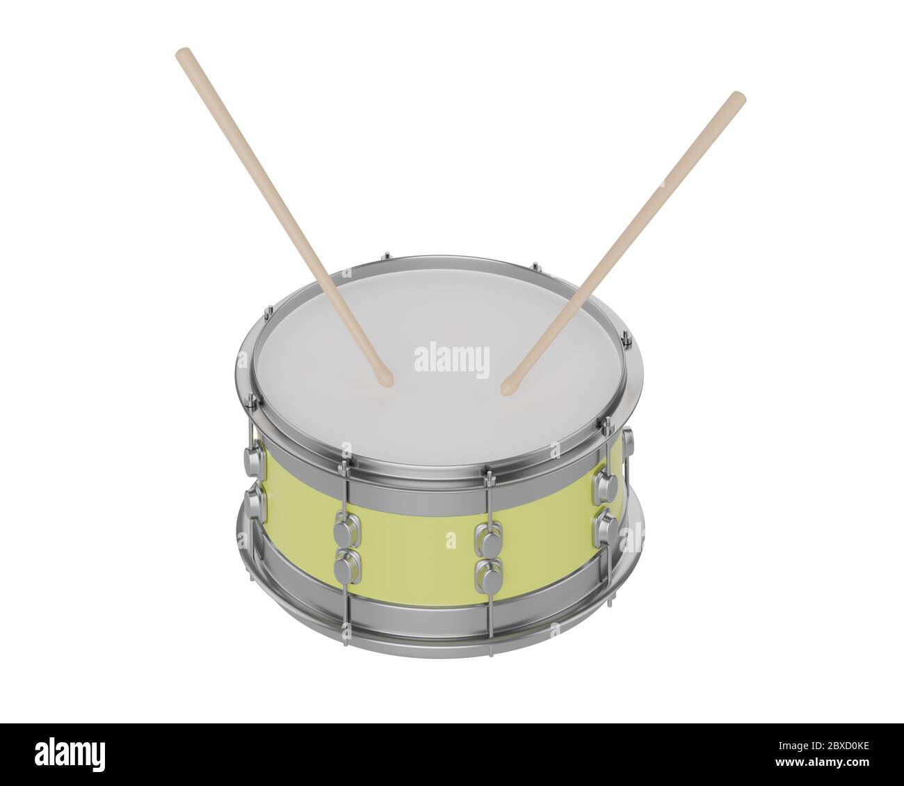 Yellow snare drum and drumsticks on white isolated background. 3d ...