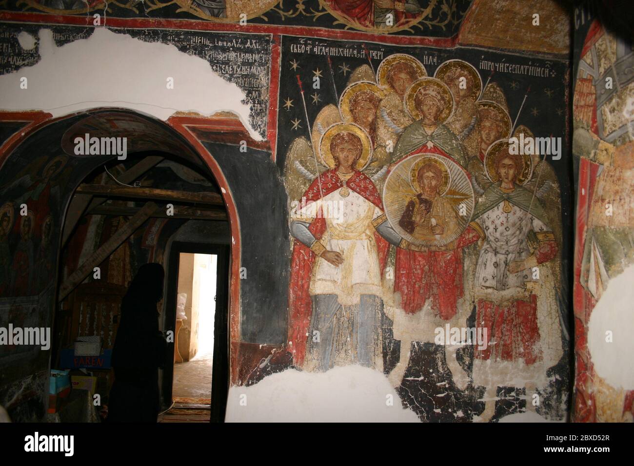 Arnota Monastery, Valcea County, Romania. Fresco of The Seven Archangels and Jesus Christ inside the 17th century church. Stock Photo