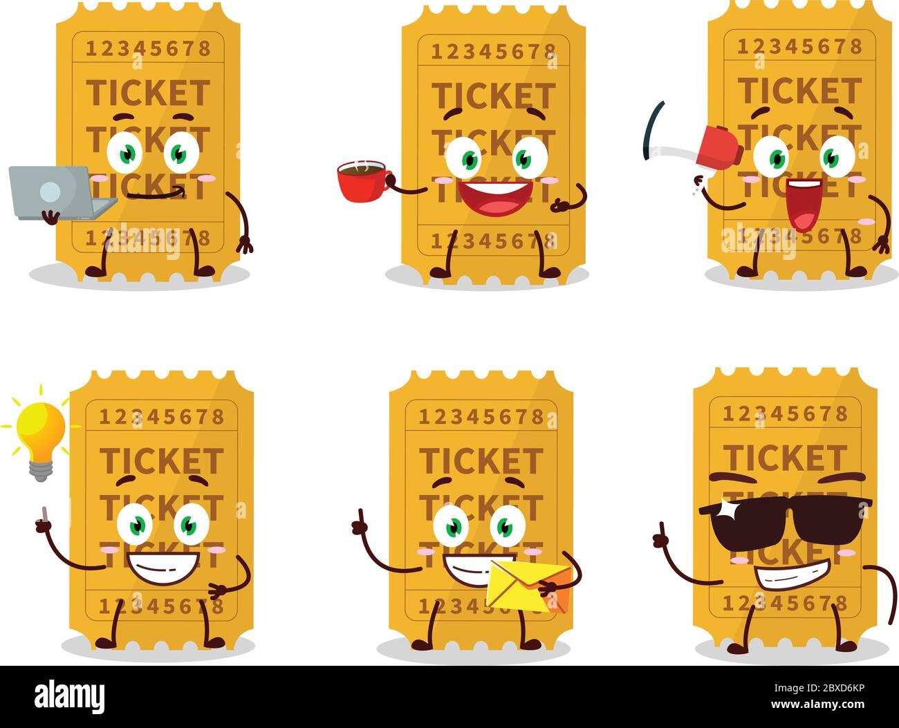 Ticket cartoon character with various types of business emoticons Stock Vector