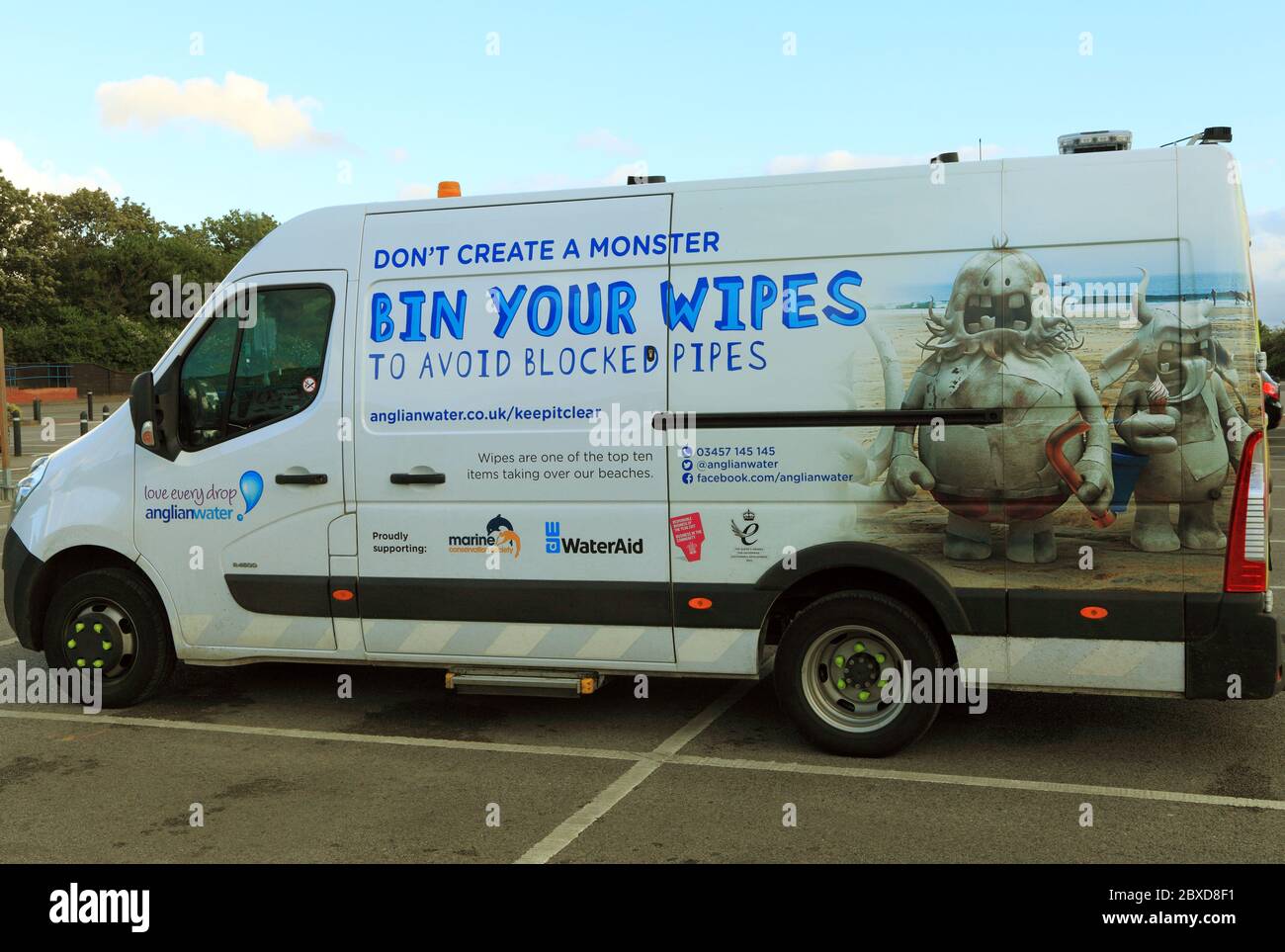 Anglian Water, van, vehicle, water company, Bin Your Wipes, Don't Create A Monster, Norfolk, England Stock Photo