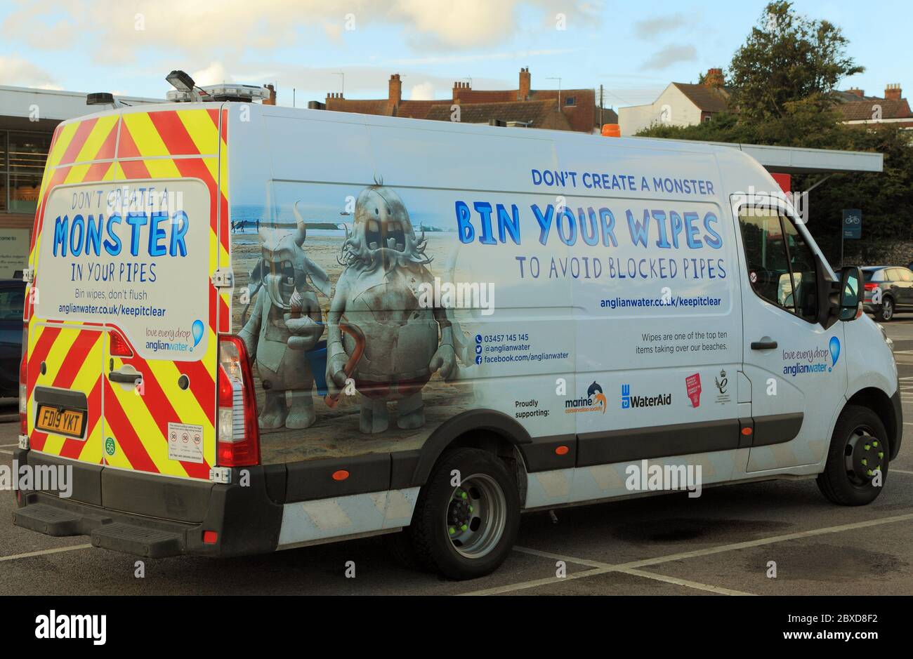 Anglian Water, van, vehicle, water company, Bin Your Wipes, Don't Create A Monster, Norfolk, England Stock Photo