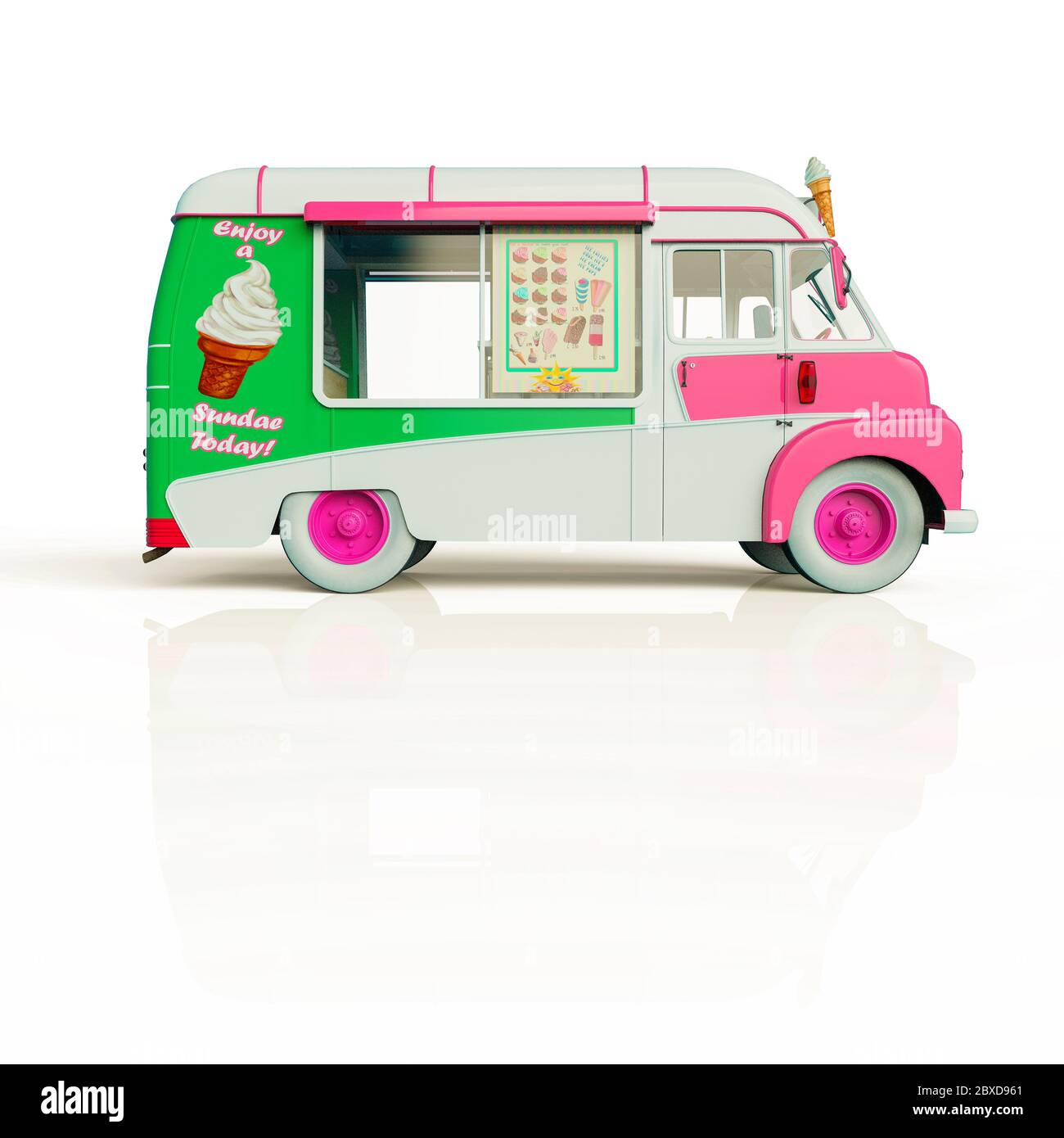 ice cream food truck will put some live in yours creations, 3d illustration Stock Photo