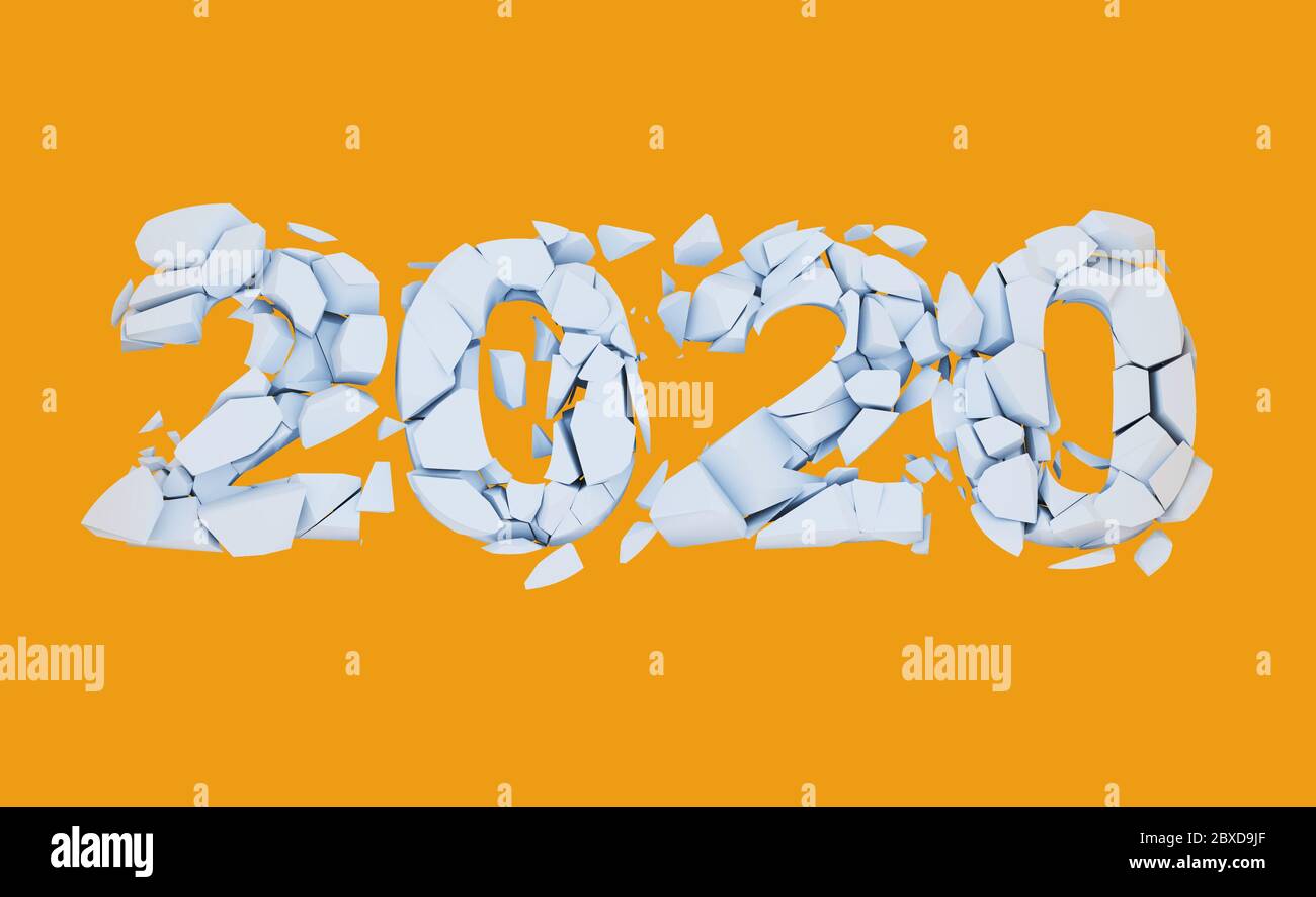 Broken 2020 year over orange background. The number 2020 is destroyed - represents the old year 2020 or depression of 2020 year - market decline and p Stock Photo