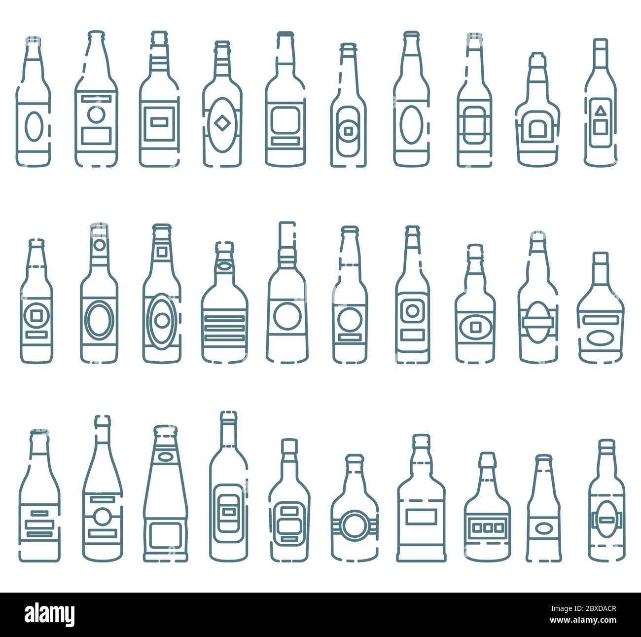Set of colored icons of alcoholic drinks' bottles. Vector isolated outline illustrations Stock Vector
