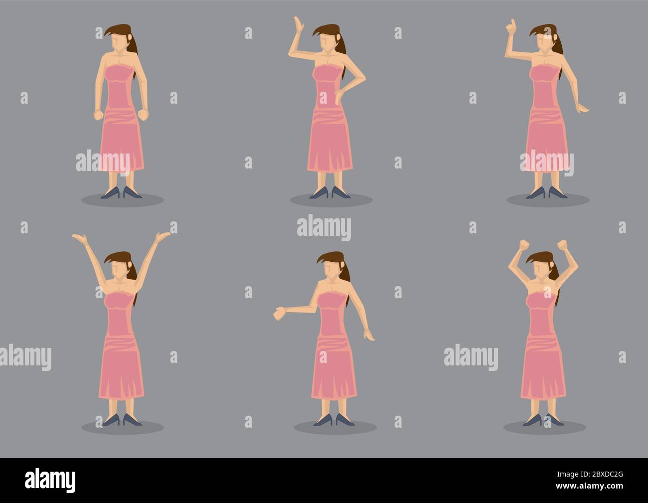 Set of six vector illustration of a young lady wearing long pink strapless dress and black heels posing in different gestures isolated on grey backgro Stock Vector