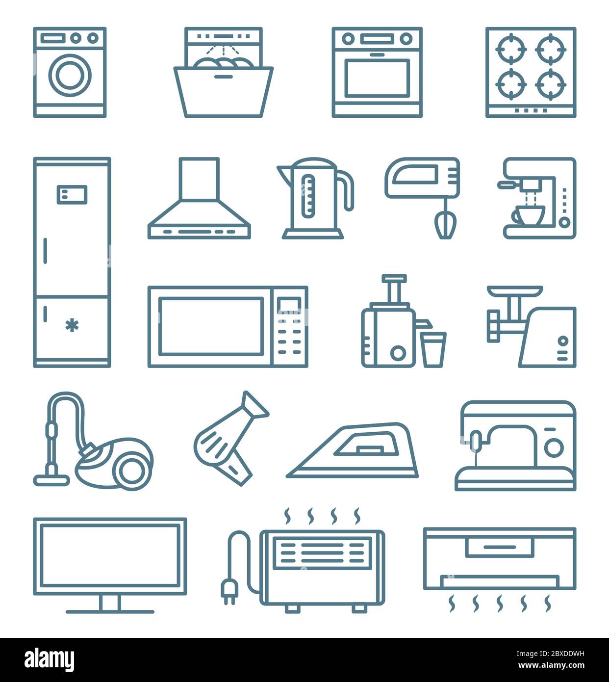 Home and kitchen appliances outline isolated icons Stock Vector