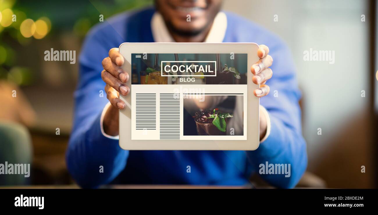 African American man showing tablet computer with cocktail blog on screen, collage. Panorama Stock Photo