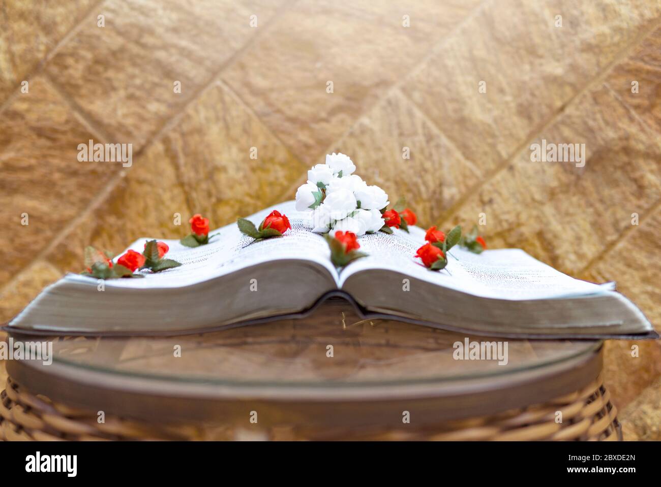 Beautiful Bible Open Wedding Floral Concept Stock Photo