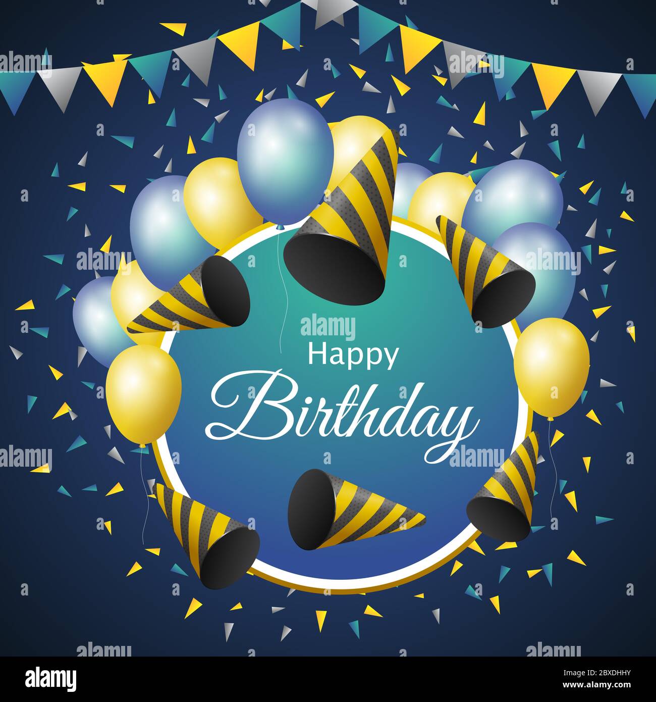 Happy Birthday Banner with colorful birthday Caps, Balloon and flags on Blue  Background Stock Vector Image & Art - Alamy