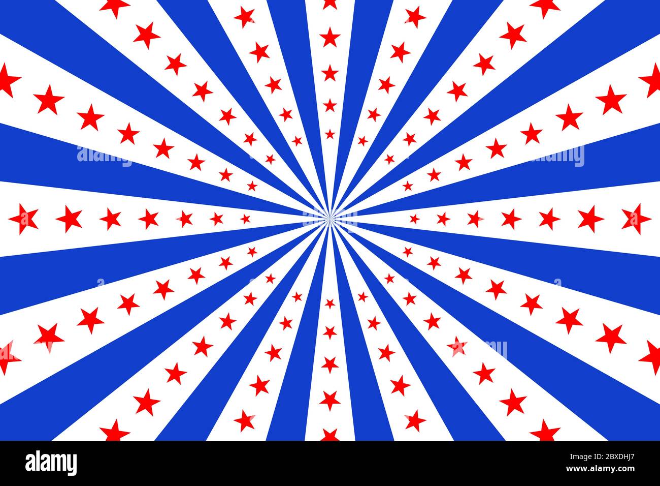 Poster with colors of American flag in blue, red and white. Background with rays and stars. Stock Vector