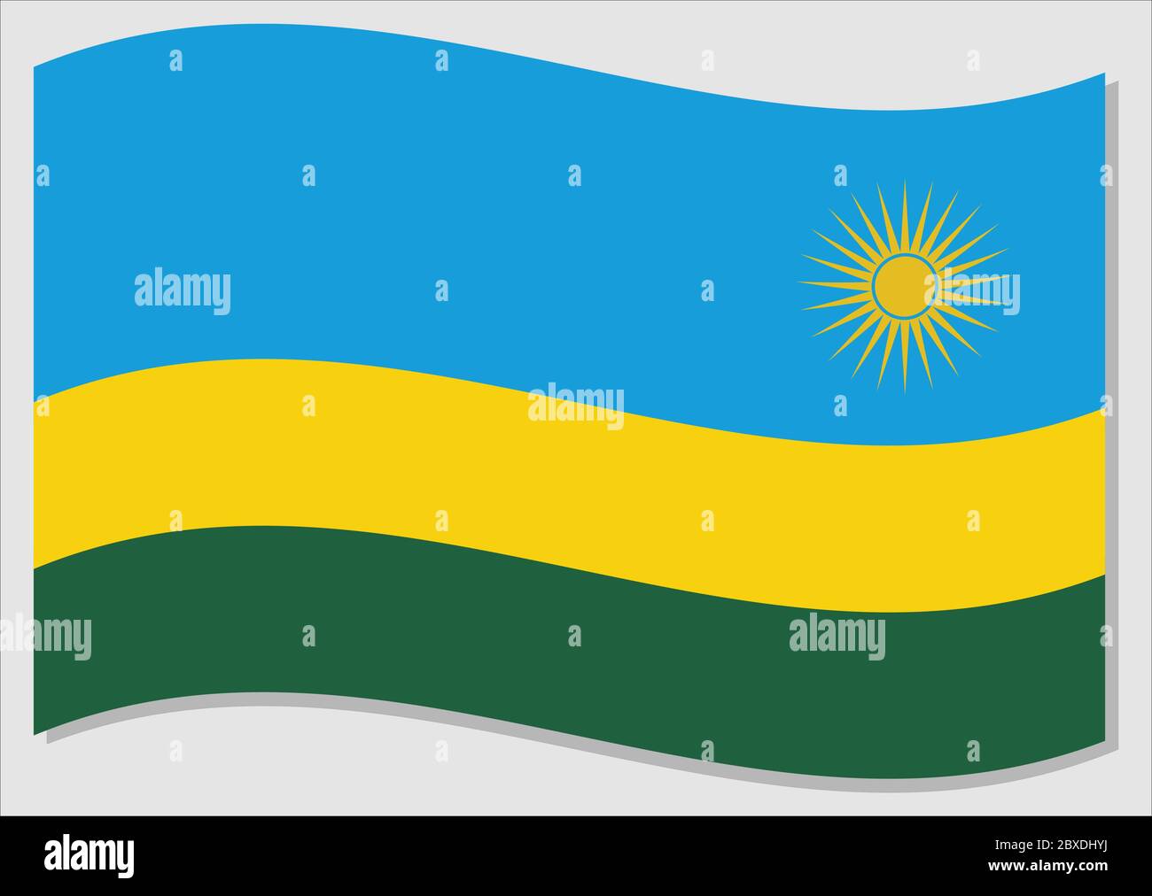 Waving flag of Rwanda vector graphic. Waving Rwandese flag illustration. Rwanda country flag wavin in the wind is a symbol of freedom and independence Stock Vector