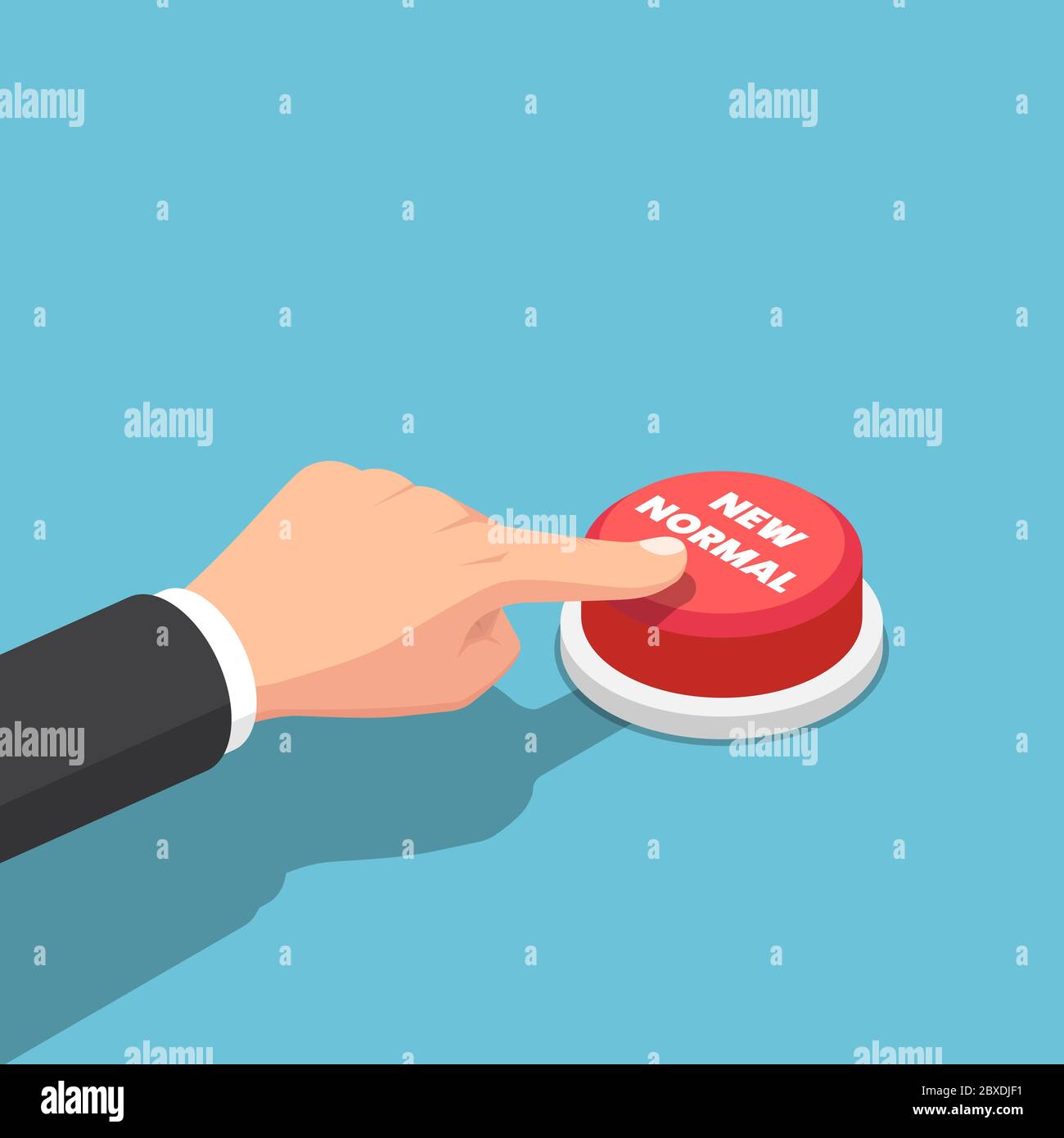 Flat 3d Isometric businessman hand push new normal button. New normal ...