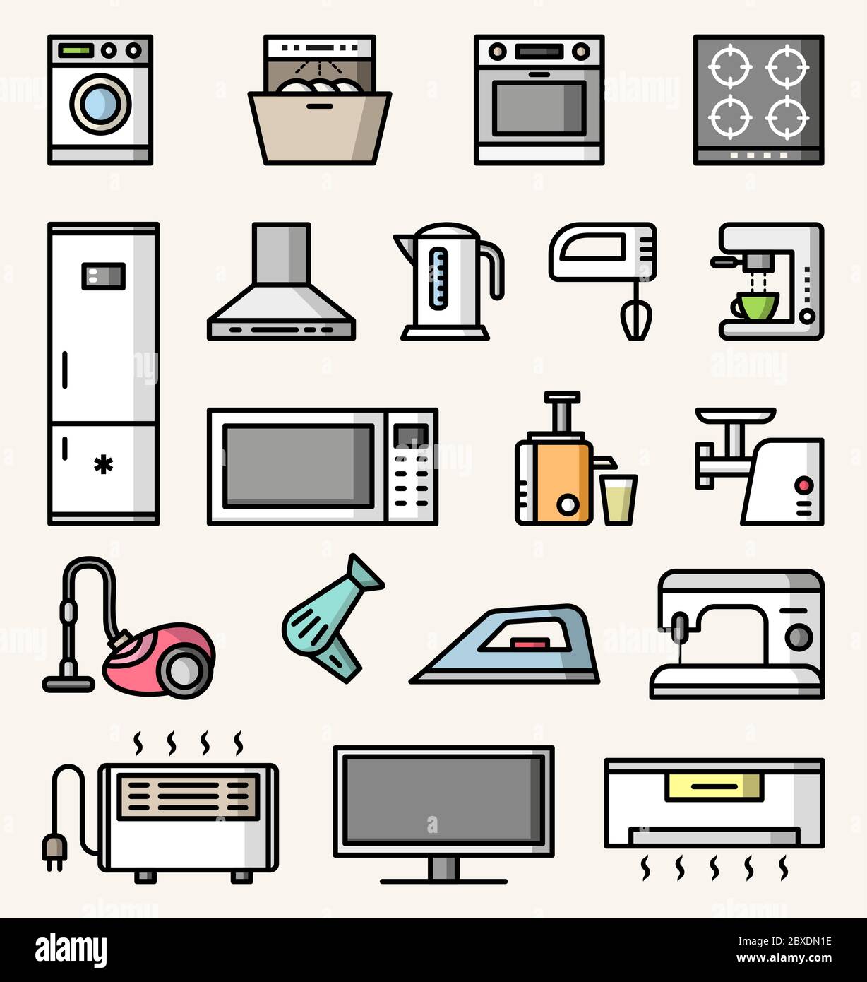 Home and kitchen appliances vector colorful icons set Stock Vector