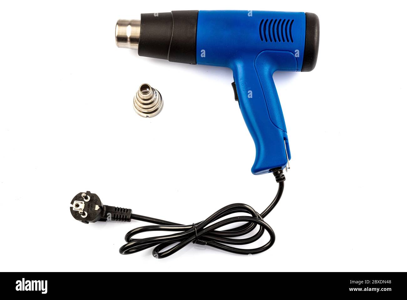 Industrial heat gun. Hot air gun with nozzles isolated on white