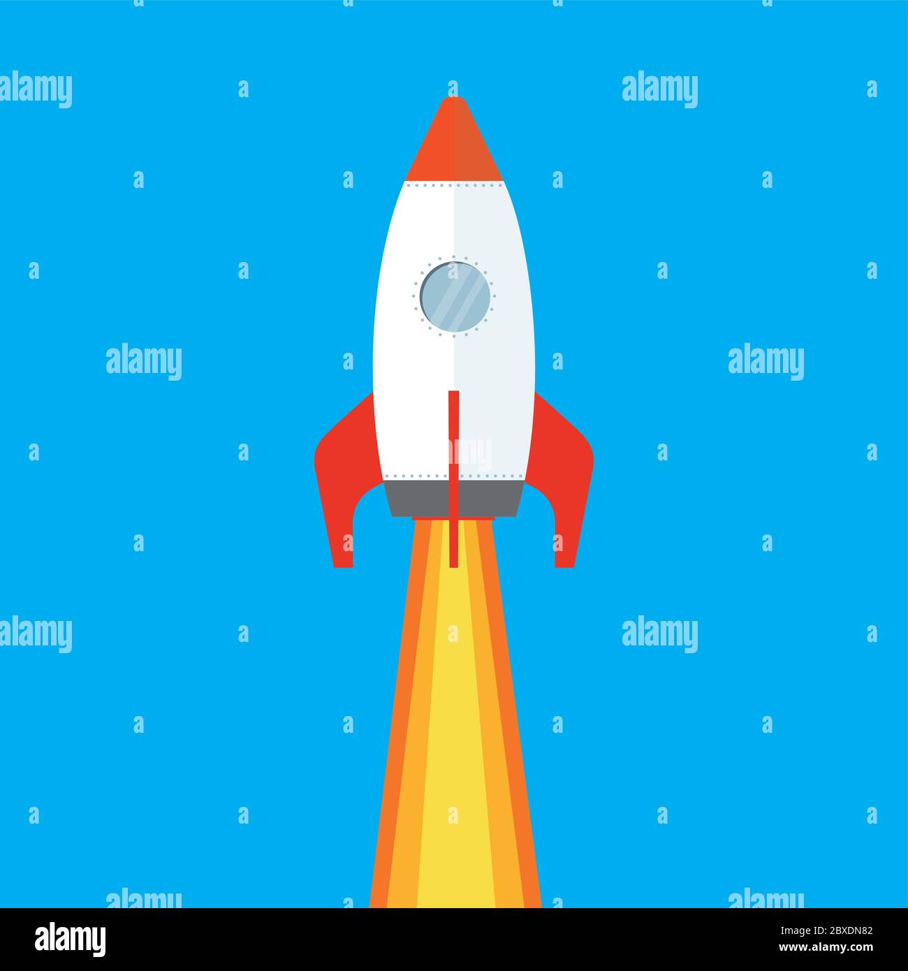 Cartoon Colored soaring spaceship on blue background,flat Rocket,vector illustration Stock Vector