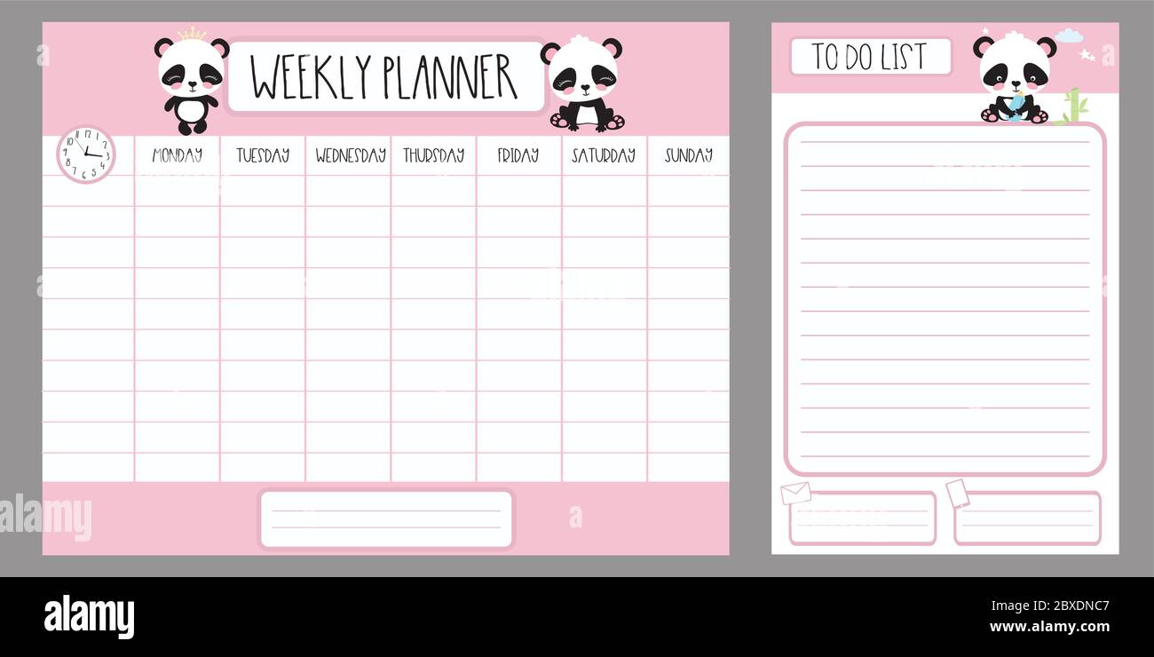Weekly planner template and to do list with cute little panda,adorable