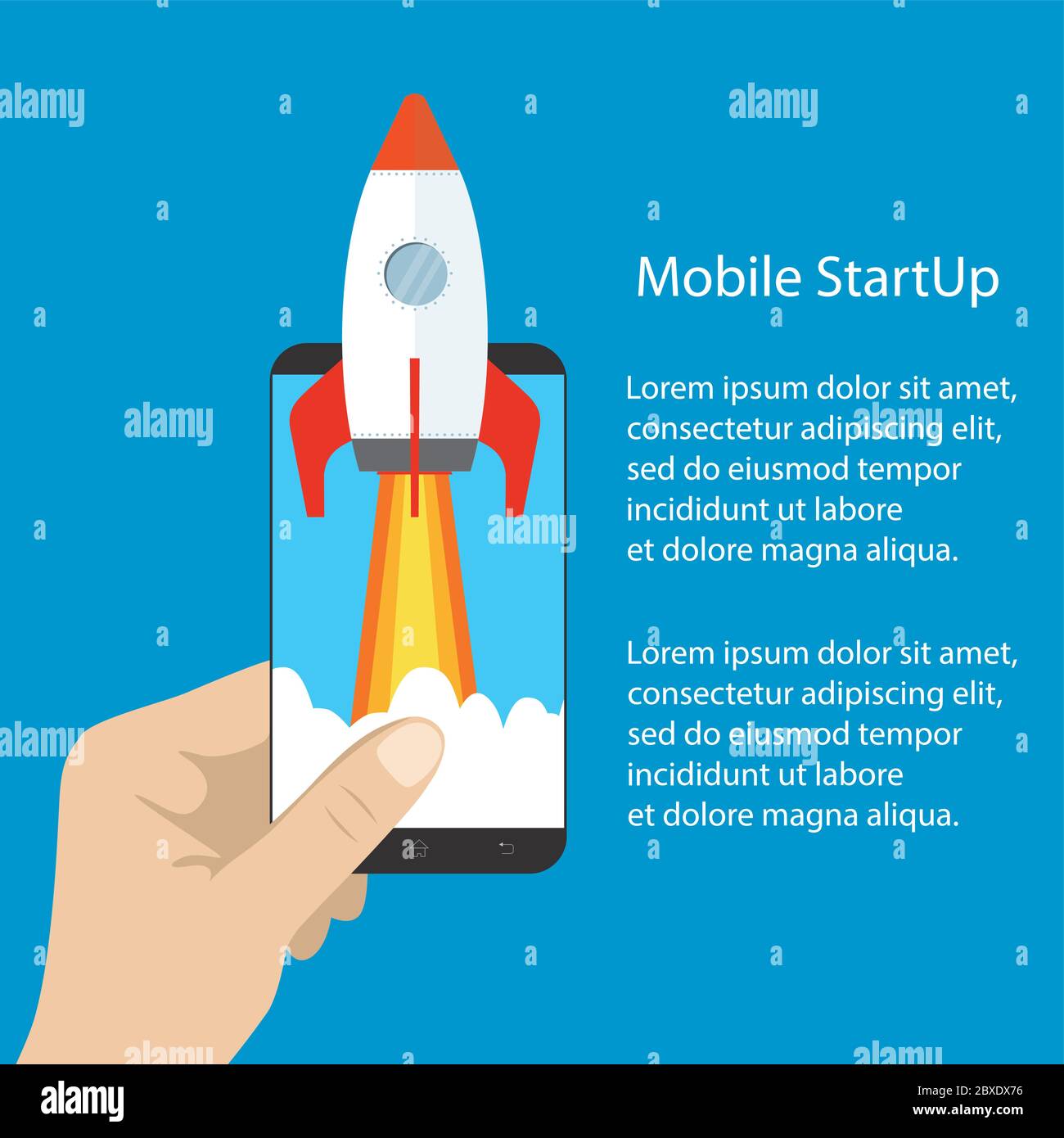 Rocket on mobile screen,Colored soaring spaceship,startup concept,flat vector illustration Stock Vector